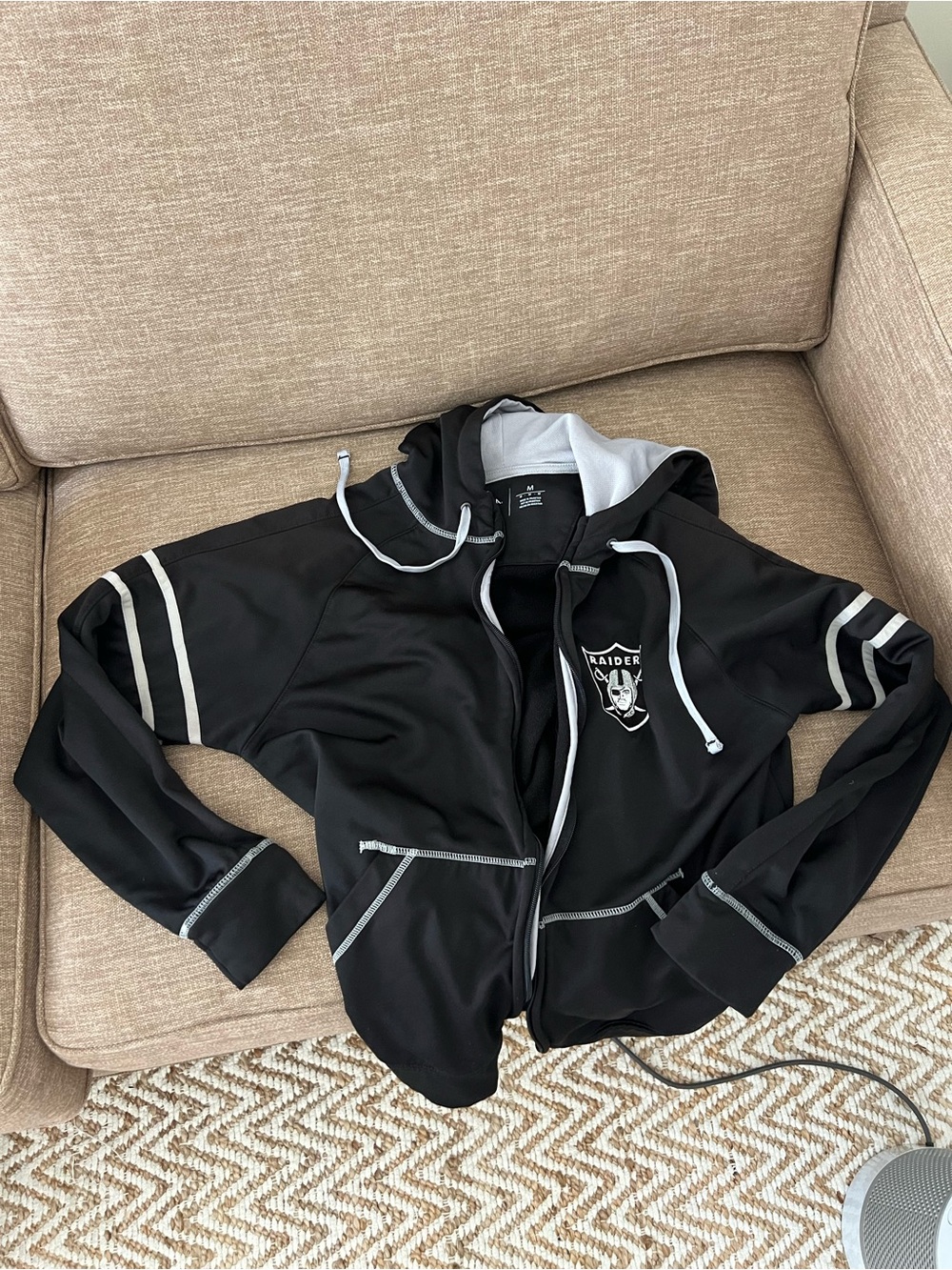 Raiders Black Zip-Up Hoodie Sweatshirt with Silver Trim
